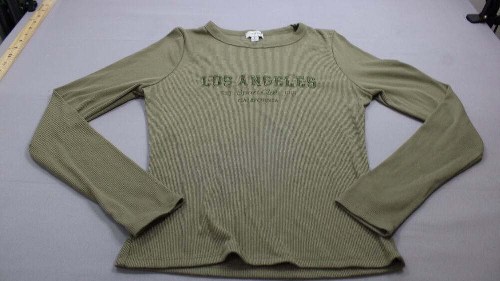 Faded Rose Women's Large Green Ribbed Knit Los Angeles Long Sleeve T-Shirt Top